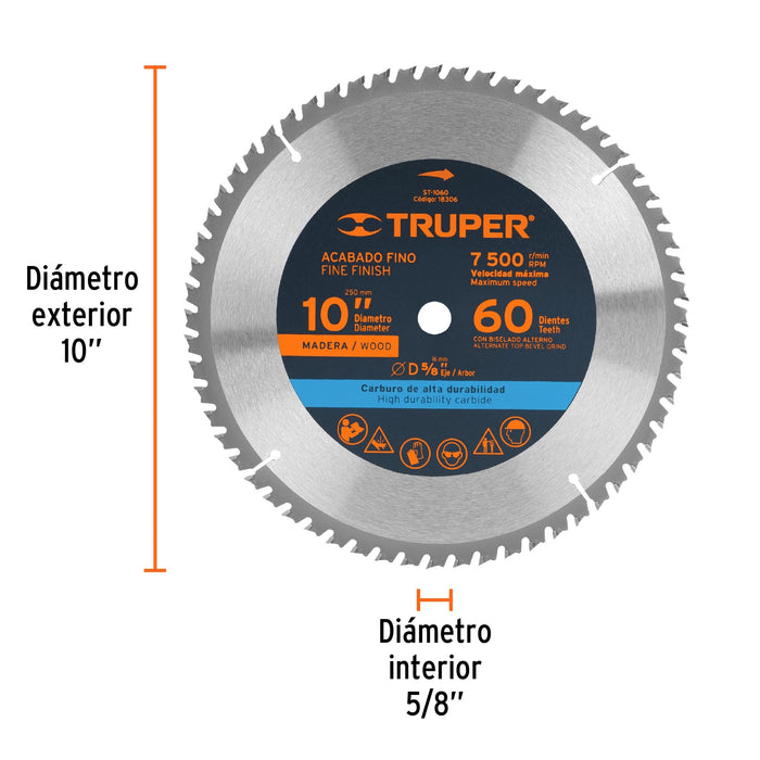 Disco sierra 10' para madera, 60 dientes centro 5/8', Truper 18306 ST-1060