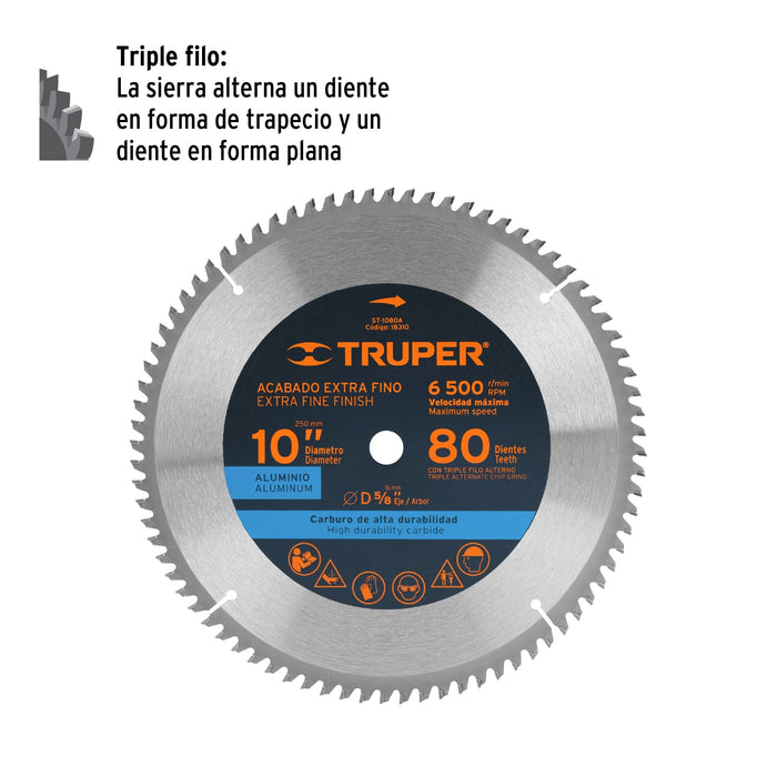 Disco sierra 10' para madera, 80 dientes centro 5/8', Truper 12683 ST-1080