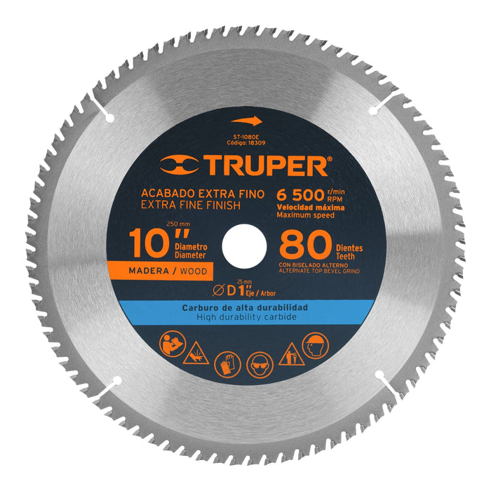 Disco sierra 10' para madera, 80 dientes centro 1', Truper 18309 ST-1080E