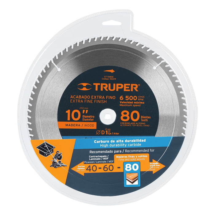 Disco sierra 10' para madera, 80 dientes centro 1', Truper 18309 ST-1080E