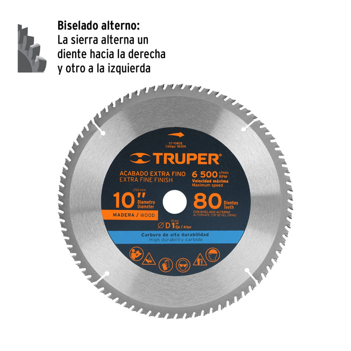Disco sierra 10' para madera, 80 dientes centro 1', Truper 18309 ST-1080E