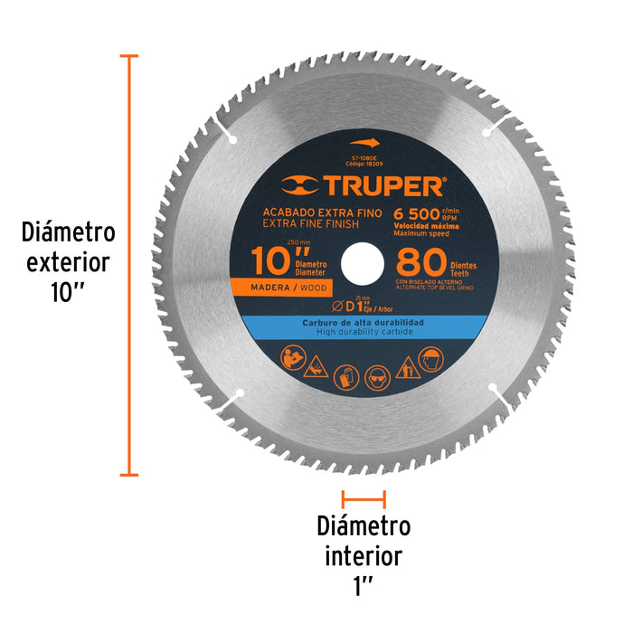 Disco sierra 10' para madera, 80 dientes centro 1', Truper 18309 ST-1080E