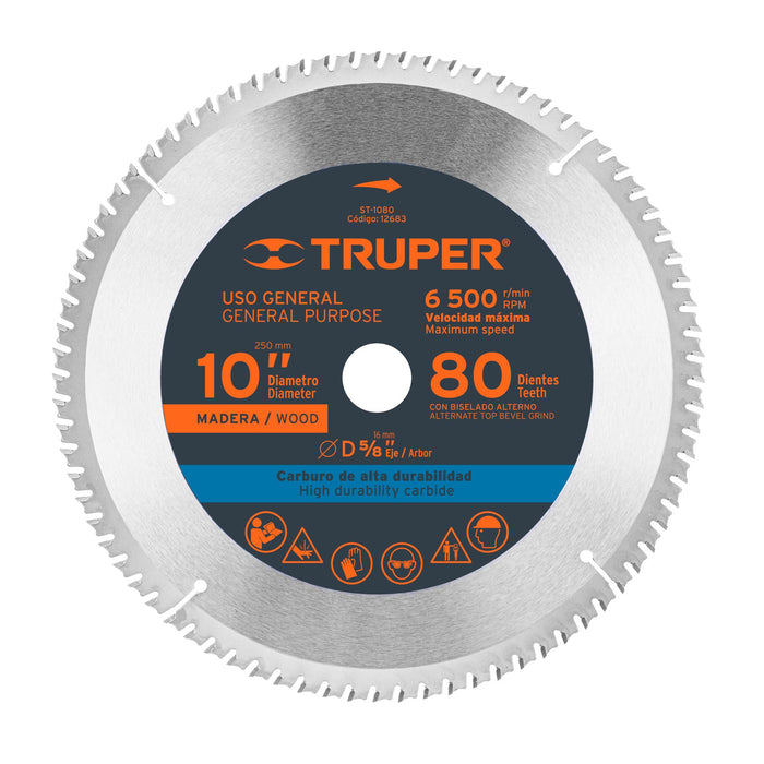 Disco sierra 10' para madera, 80 dientes centro 5/8', Truper 12683 ST-1080