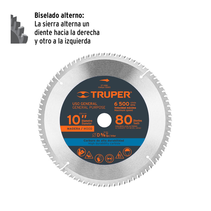 Disco sierra 10' para madera, 80 dientes centro 5/8', Truper 12683 ST-1080