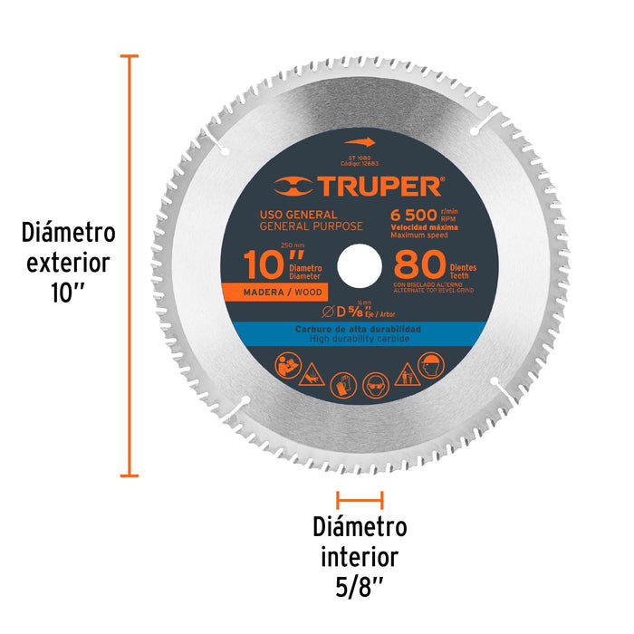 Disco sierra 10' para madera, 80 dientes centro 5/8', Truper 12683 ST-1080