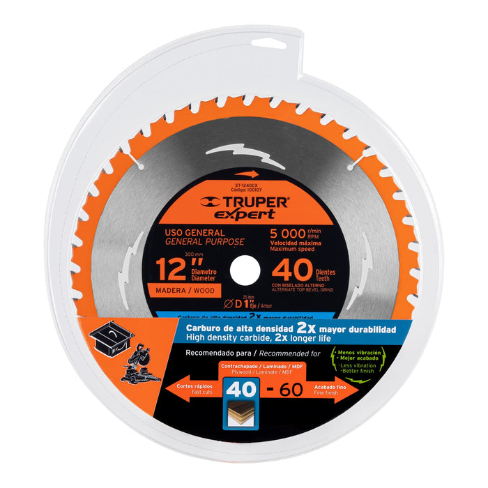 Disco sierra 12' para madera, 40 dientes centro 1', Truper 18311 ST-1240E