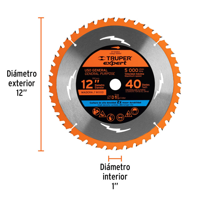 Disco sierra 12' para madera, 40 dientes centro 1', Truper 18311 ST-1240E