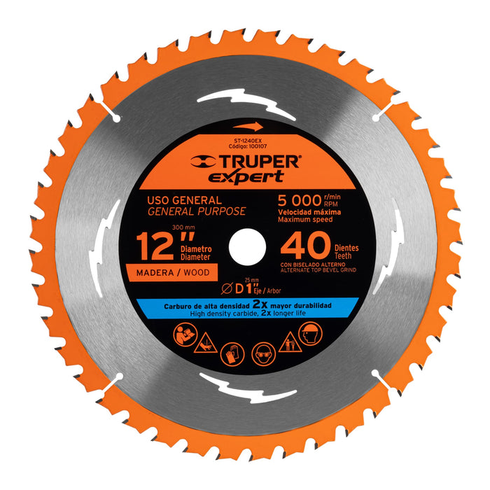 Disco sierra 12' para madera, 40 dientes centro 1', Truper 18311 ST-1240E