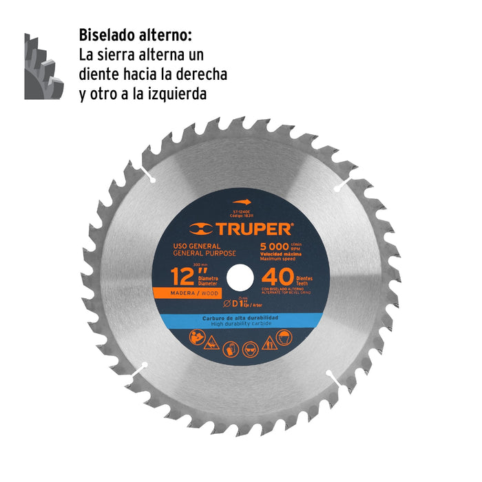 Disco sierra 12' para madera, 40 dientes centro 1', Truper 18311 ST-1240E