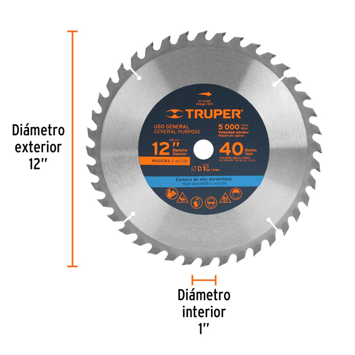 Disco sierra 12' para madera, 40 dientes centro 1', Truper 18311 ST-1240E