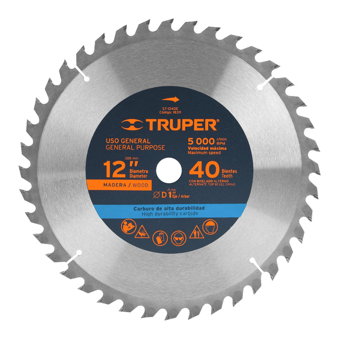Disco sierra 12' para madera, 40 dientes centro 1', Truper 18311 ST-1240E