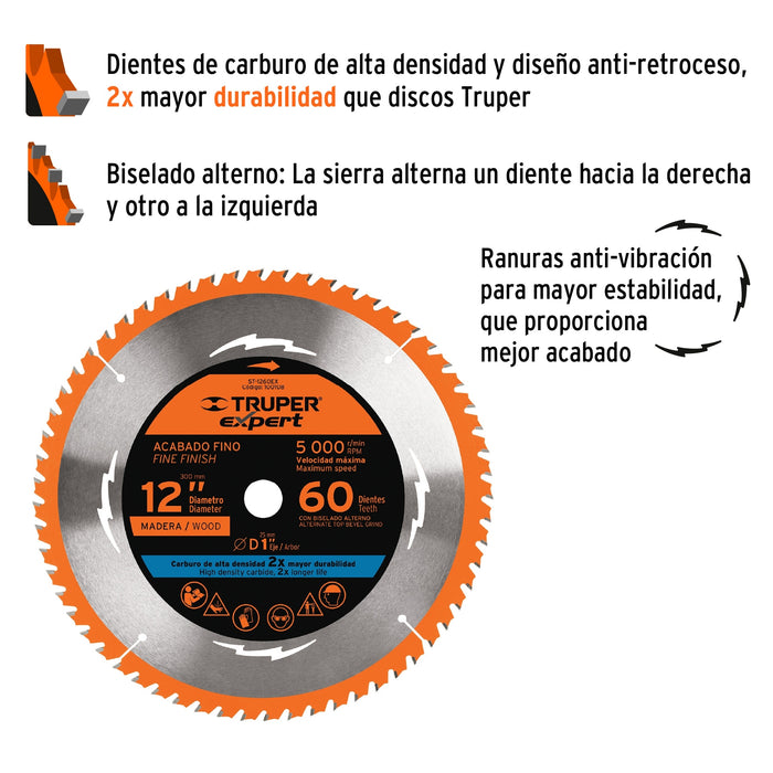 Disco sierra 12' para madera, 60 dientes centro 1', Truper 18312 ST-1260E
