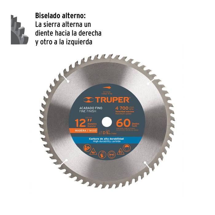 Disco sierra 12' para madera, 60 dientes centro 1', Truper 18312 ST-1260E