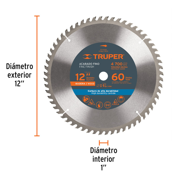 Disco sierra 12' para madera, 60 dientes centro 1', Truper 18312 ST-1260E