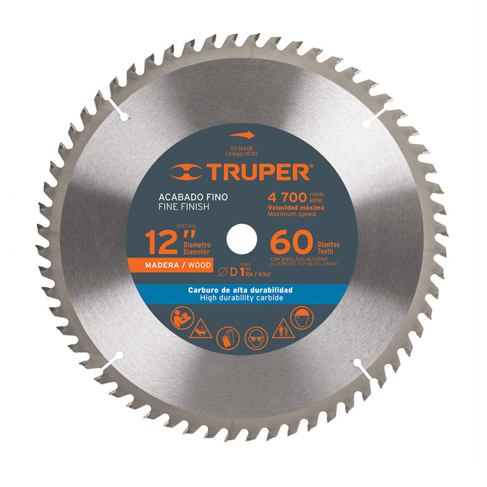 Disco sierra 12' para madera, 60 dientes centro 1', Truper 18312 ST-1260E