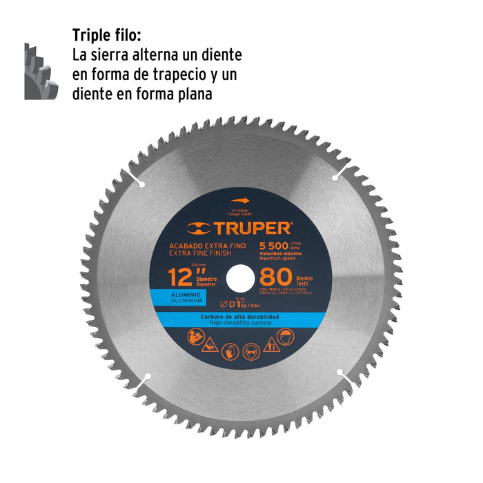 Disco sierra 12' para aluminio, 80 dientes centro 1', Truper 12685 ST-1280A