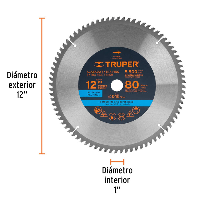 Disco sierra 12' para aluminio, 80 dientes centro 1', Truper 12685 ST-1280A