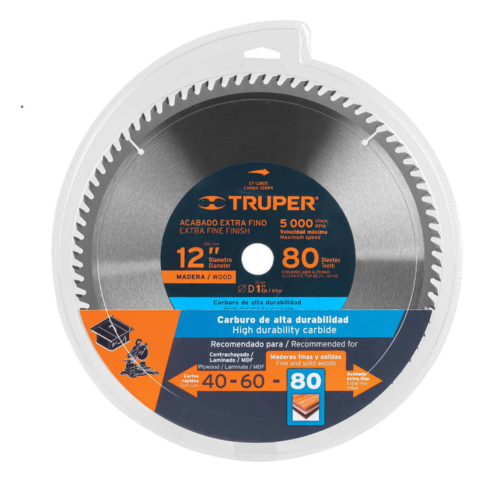 Disco sierra 12' para madera, 80 dientes centro 1', Truper 12684 ST-1280E