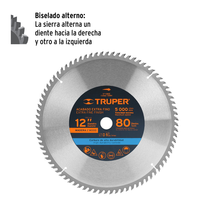 Disco sierra 12' para madera, 80 dientes centro 1', Truper 12684 ST-1280E