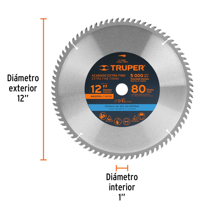 Disco sierra 12' para madera, 80 dientes centro 1', Truper 12684 ST-1280E
