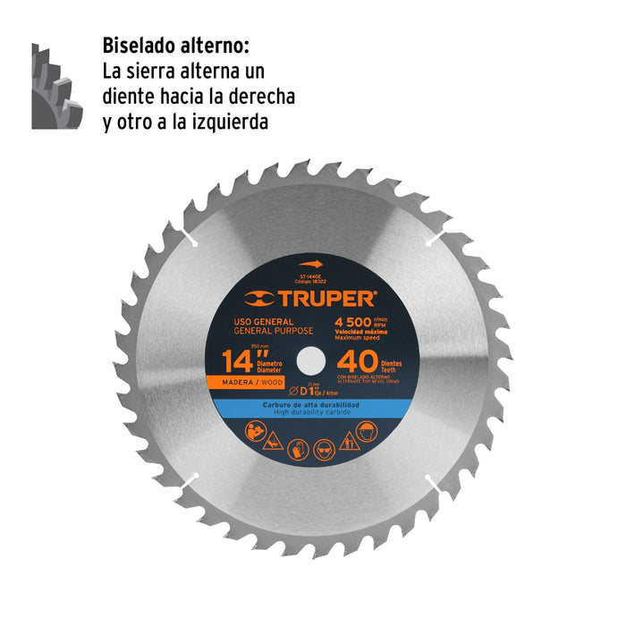 Disco sierra 14' para madera, 40 dientes centro 1', Truper 18322 ST-1440E