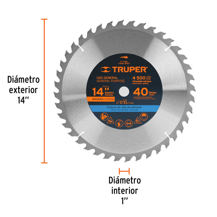 Disco sierra 14' para madera, 40 dientes centro 1', Truper 18322 ST-1440E