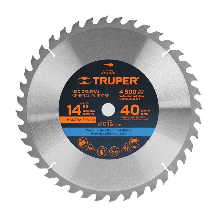Disco sierra 14' para madera, 40 dientes centro 1', Truper 18322 ST-1440E