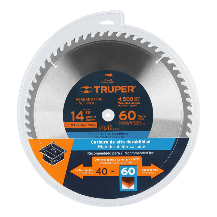 Disco sierra 14' para madera, 60 dientes centro 1', Truper 18323 ST-1460E