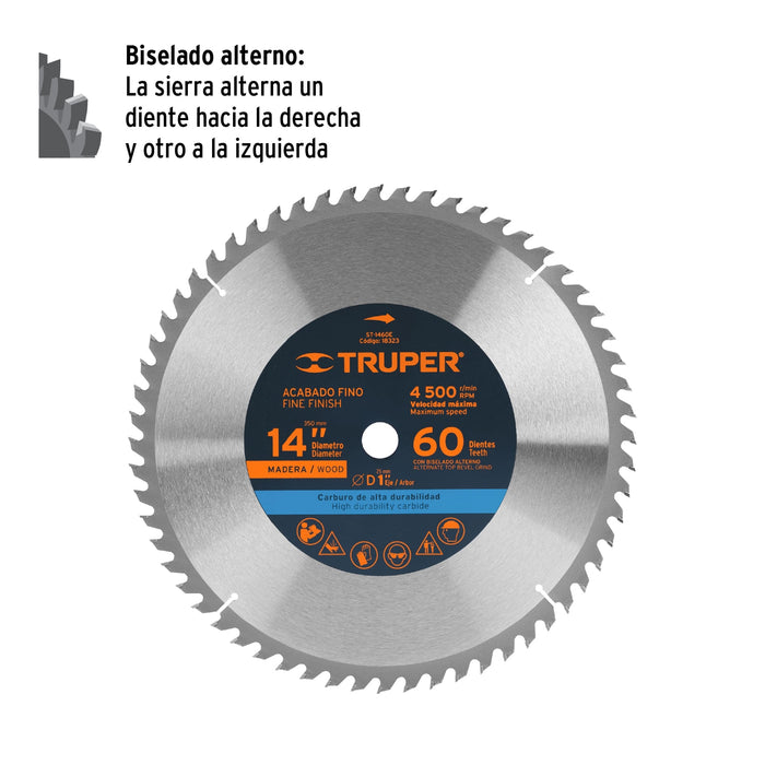 Disco sierra 14' para madera, 60 dientes centro 1', Truper 18323 ST-1460E