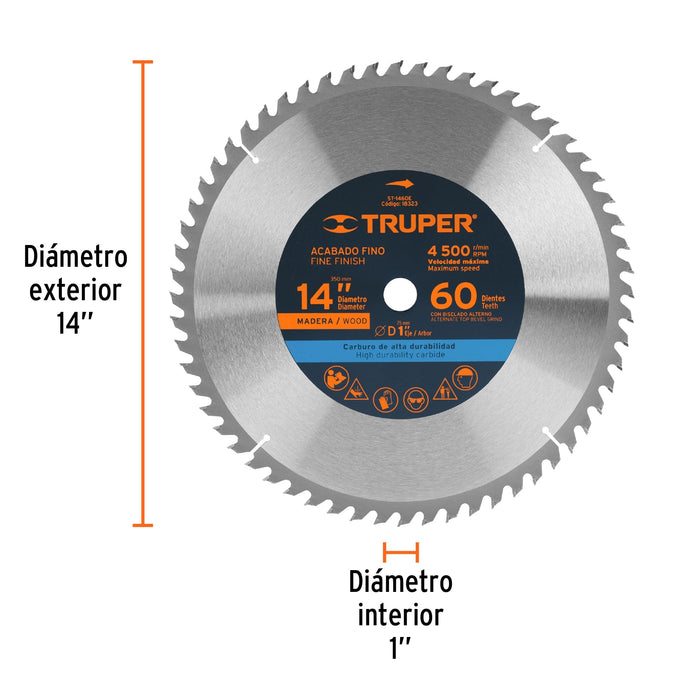 Disco sierra 14' para madera, 60 dientes centro 1', Truper 18323 ST-1460E