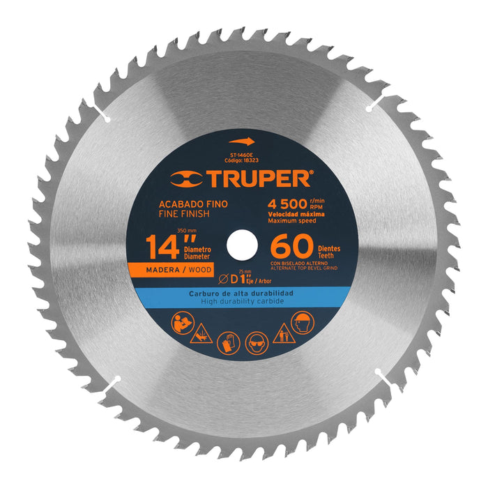 Disco sierra 14' para madera, 60 dientes centro 1', Truper 18323 ST-1460E