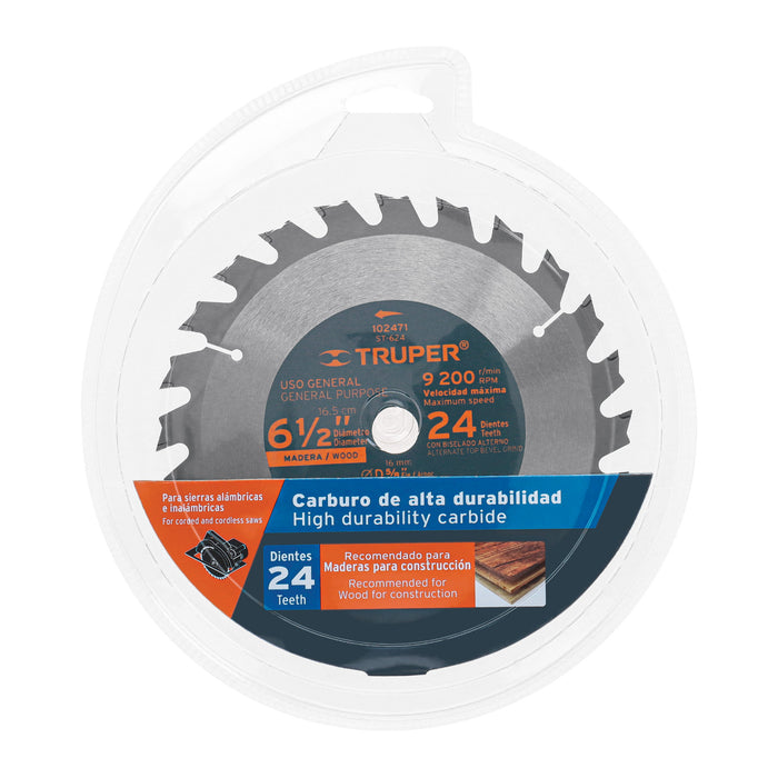 Disco sierra 6-1/2' p/madera, 24 dientes con centro 5/8' 102471 ST-624