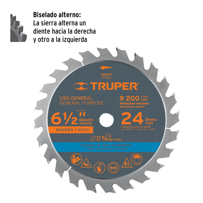 Disco sierra 6-1/2' p/madera, 24 dientes con centro 5/8' 102471 ST-624