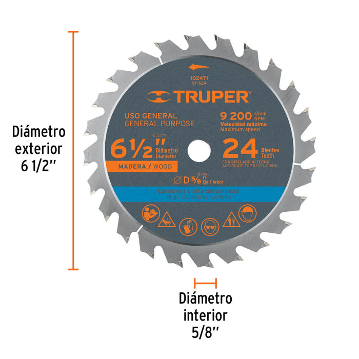 Disco sierra 6-1/2' p/madera, 24 dientes con centro 5/8' 102471 ST-624