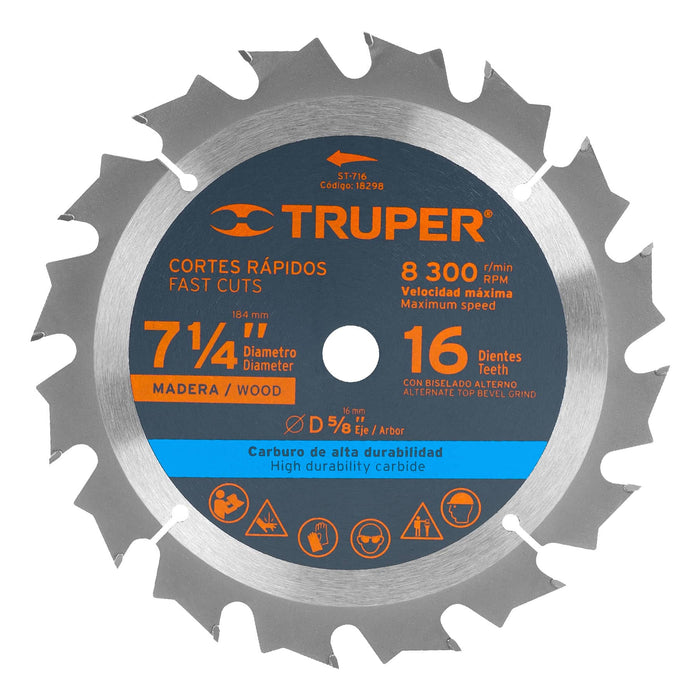 Disco sierra 7- 1/4' para madera, 16 dientes centro 5/8' 18298 ST-716
