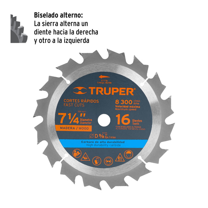 Disco sierra 7- 1/4' para madera, 16 dientes centro 5/8' 18298 ST-716