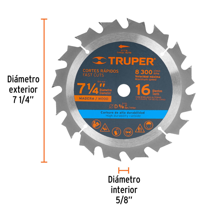 Disco sierra 7- 1/4' para madera, 16 dientes centro 5/8' 18298 ST-716