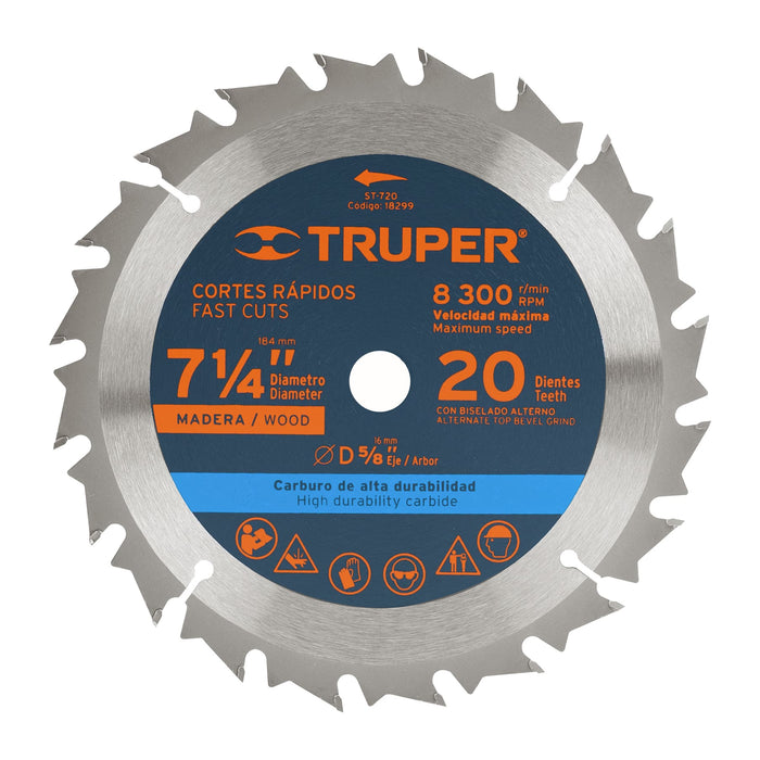 Disco sierra 7- 1/4' para madera, 20 dientes centro 5/8' 18299 ST-720