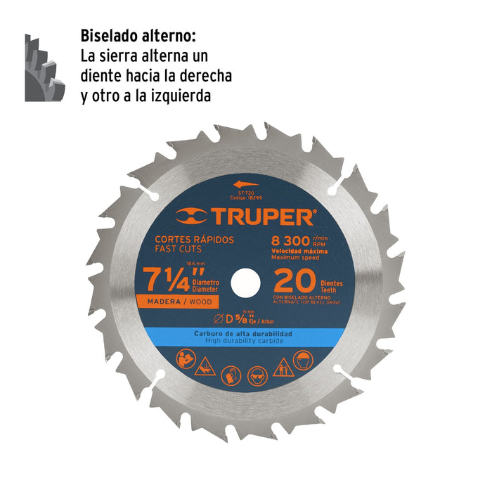 Disco sierra 7- 1/4' para madera, 20 dientes centro 5/8' 18299 ST-720