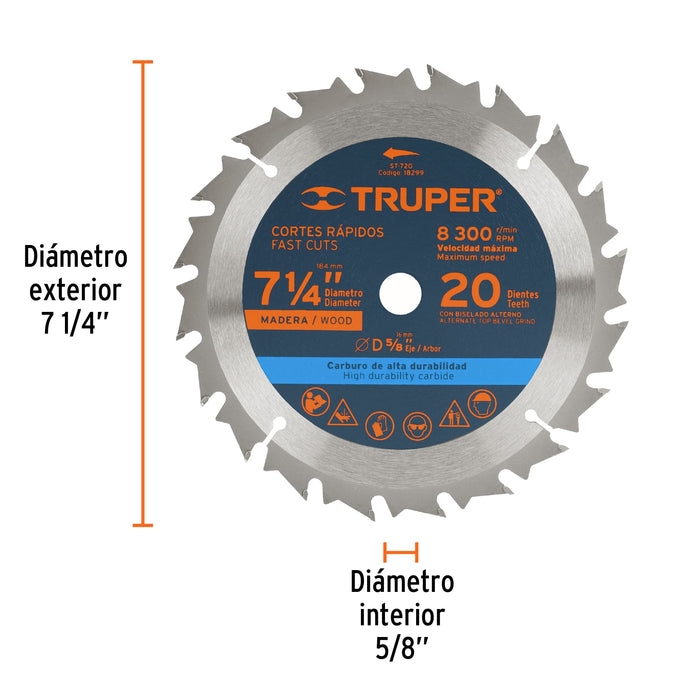 Disco sierra 7- 1/4' para madera, 20 dientes centro 5/8' 18299 ST-720