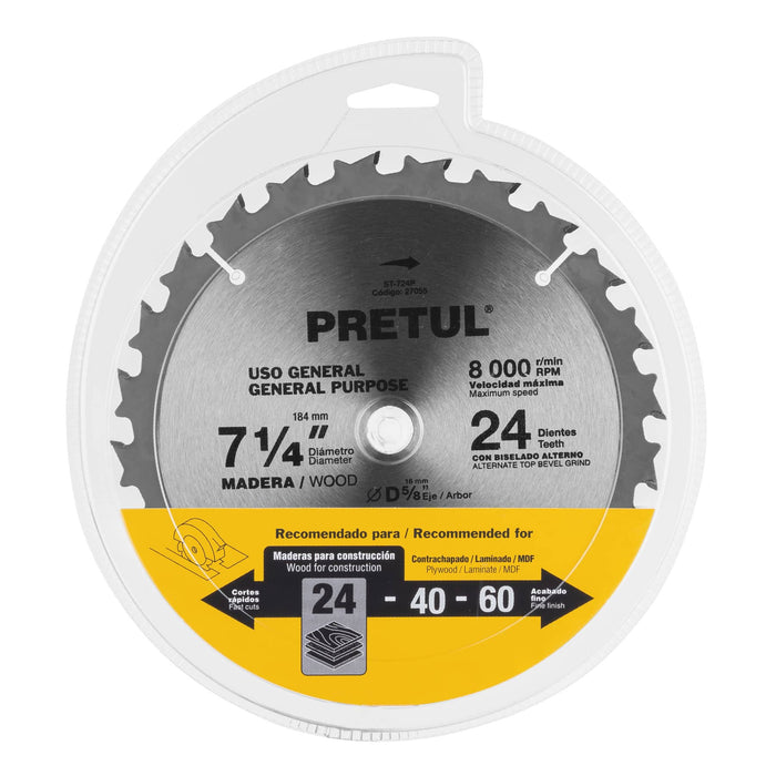 Disco sierra 7-1/4' p/madera, 24 dientes centro 5/8', Pretul 27055 ST-724P