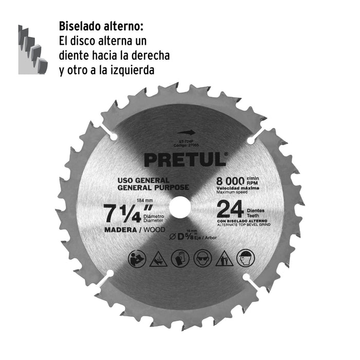 Disco sierra 7-1/4' p/madera, 24 dientes centro 5/8', Pretul 27055 ST-724P