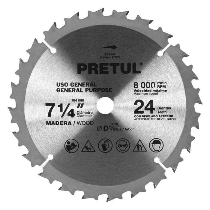 Disco sierra 7-1/4' p/madera, 24 dientes centro 5/8', Pretul 27055 ST-724P