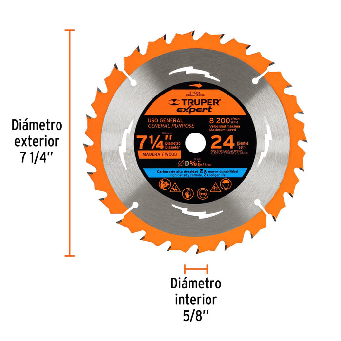 Disco sierra 7- 1/4' para madera, 24 dientes centro 5/8' 18300 ST-724