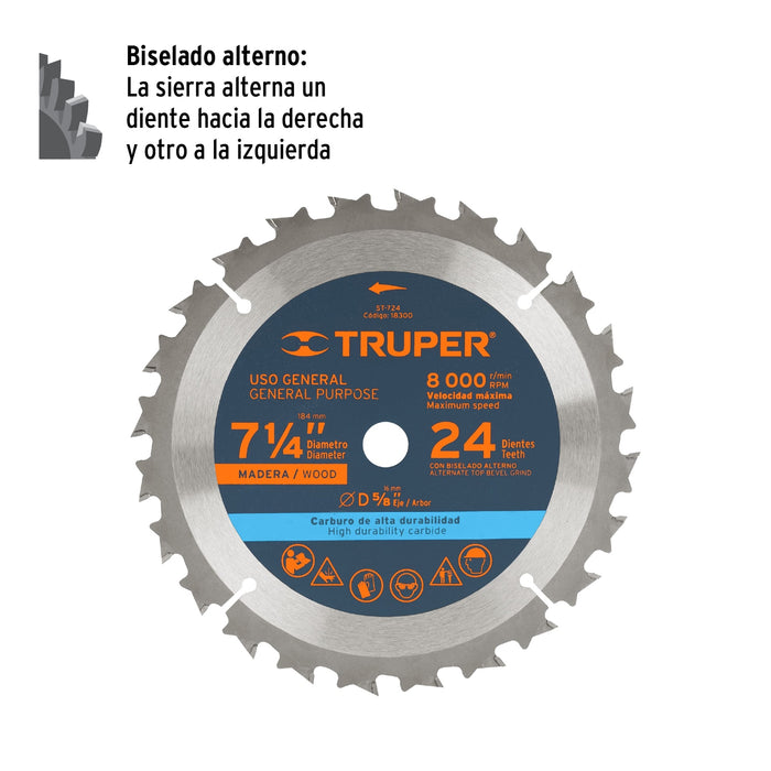 Disco sierra 7- 1/4' para madera, 24 dientes centro 5/8' 18300 ST-724