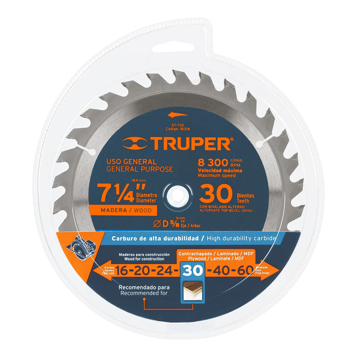 Disco sierra 7- 1/4' para madera, 30 dientes centro 5/8' 18318 ST-730