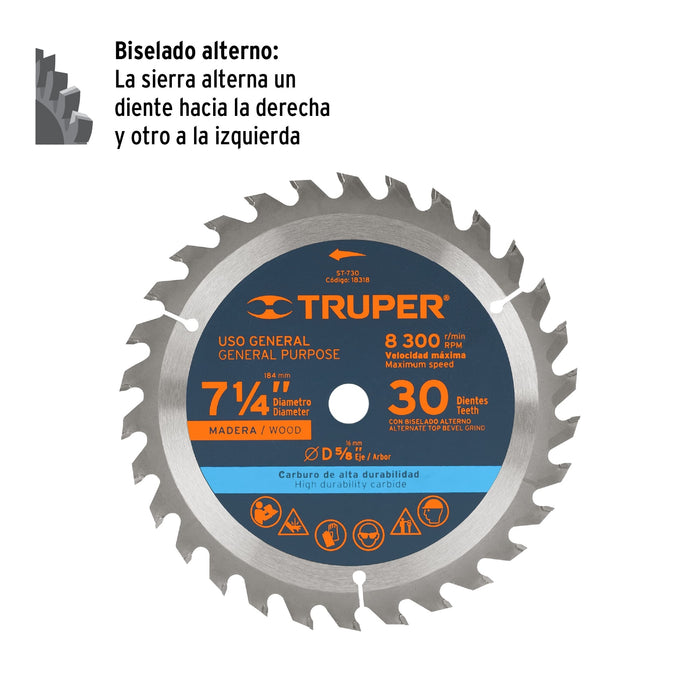 Disco sierra 7- 1/4' para madera, 30 dientes centro 5/8' 18318 ST-730