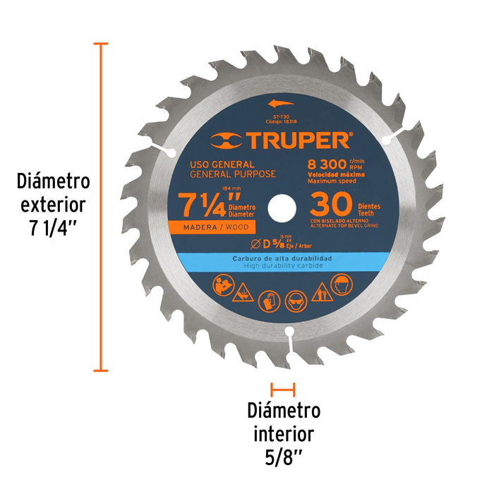 Disco sierra 7- 1/4' para madera, 30 dientes centro 5/8' 18318 ST-730
