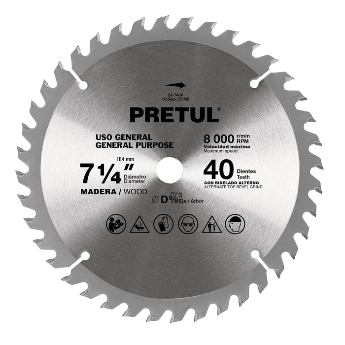 Disco sierra 7-1/4' p/madera, 40 dientes centro 5/8', Pretul 27056 ST-740P