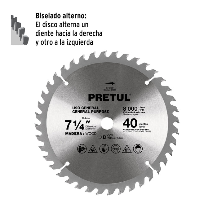 Disco sierra 7-1/4' p/madera, 40 dientes centro 5/8', Pretul 27056 ST-740P